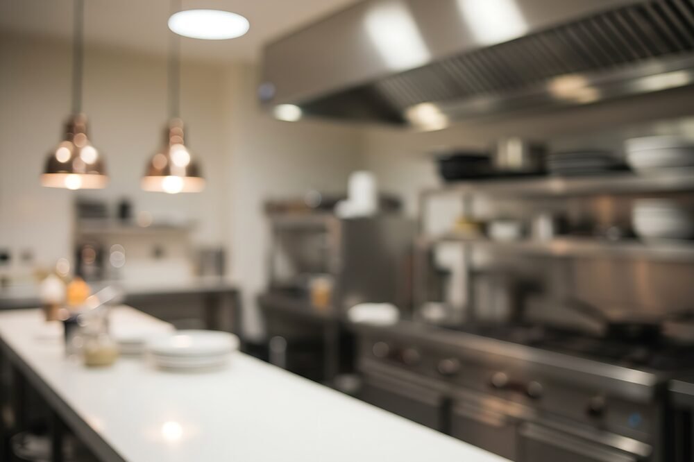 Home 6 Featuring,Stainless,Steel,Surfaces,And,Professional,Equipment,Under,Soft,Pendant